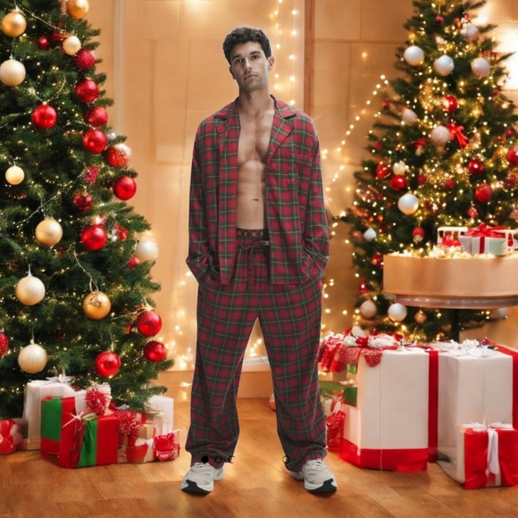 Savage X Fenty Men's Flannel Feels Sleep 2-Piece Set - Red Cognac Plaid SZ XXL - Picture 5 of 11